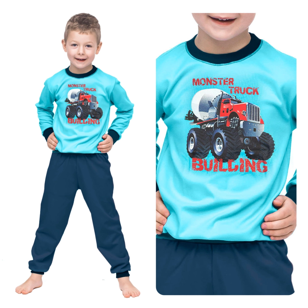 ciepła piżama dziecięca dla chłopca monster truck ciężarówka betoniarka wygodna długi rękaw bawełniana.jpg