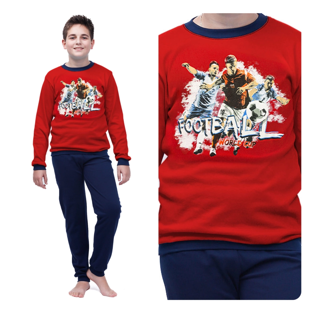 piżama dziecięca chłopięca młodzieżowa bawełniana piłka nożna ciepła piżamka z długim rękawem dla chłopca polski producent.jpg
