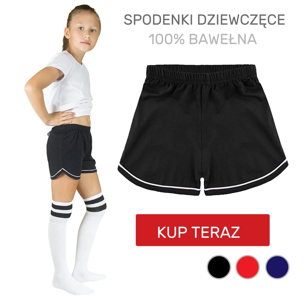 krótkie spodenki gimnastyczne na wf dla dziewczynki sportowe bawełniane marcinkowski czarne czerwone granatowe.jpg