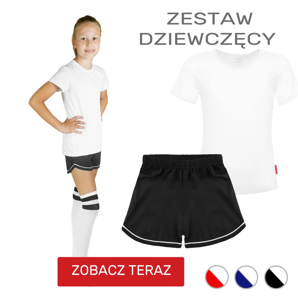 strój na wf dla dziewczynki dziewczęcy gimnastyczny biała koszulka dziewczynka krótkie spodenki komplet.jpg