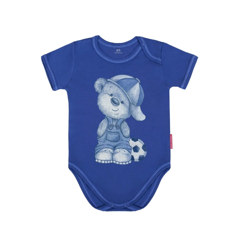 bawełniane body niemowlęce granatowe nadruk miś z krótkim rękawem chłopięce dziecięce dla chłopca dla niemowlaka wyprawka polski produkt.jpg