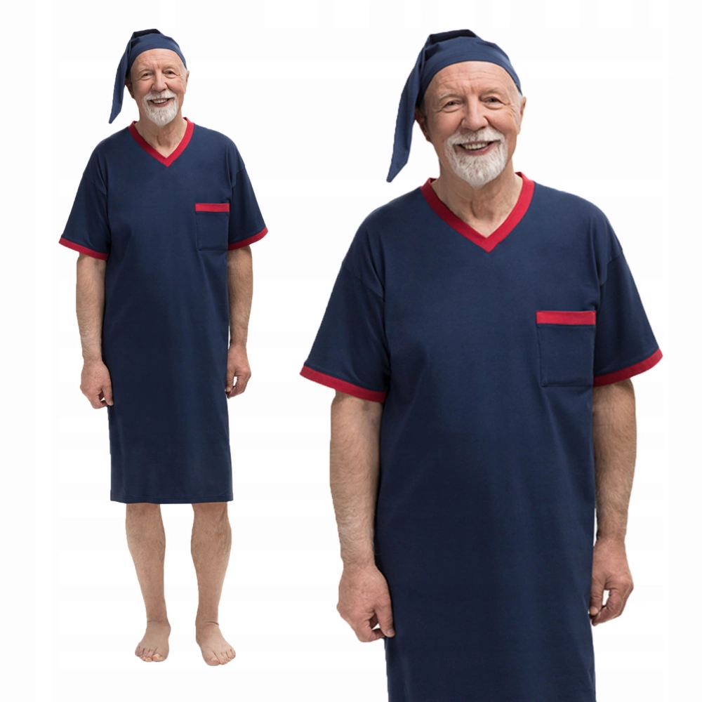 koszula nocna męska bawełniana z krótkim rękawem, krótki rękaw do szpitala wygodna elegancka szlafmyca granatowa czapeczka.jpg