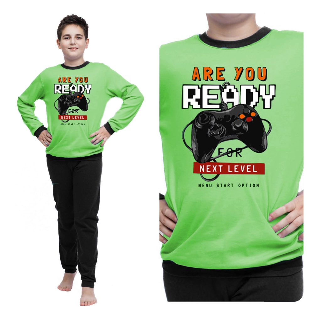 piżama dziecięca młodzieżowa dla nastolatka chłopięca dla chłopca bawełniana wygodna ciepła z długim rękawem długi rękaw zielona gra.jpg