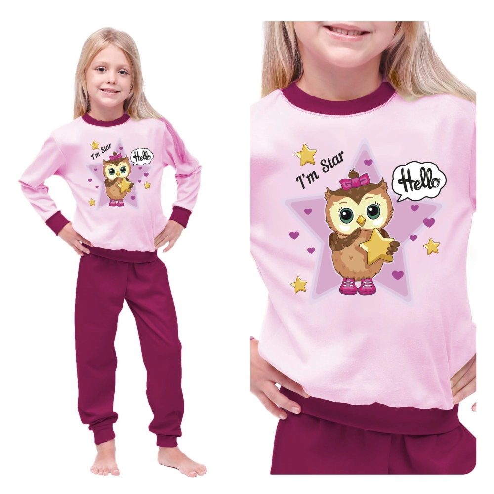 Piżama dziecięca  z długim rękawem bawełniana sówka  92-122 
