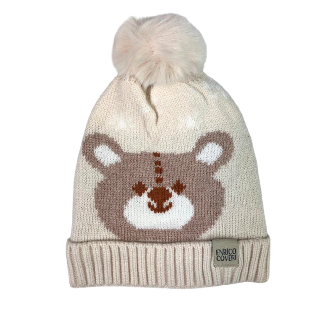 beżowa ekri czapka dziecięca zimowa na zimę dla dzieci chłopca dziewczynki z pomponem misiem wygodna z podszewką polarowa.png