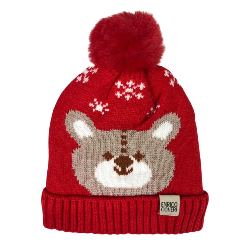 czerwona zimowa na zimę czapka z misiem dla dzieci dziecięca z pomponem.png