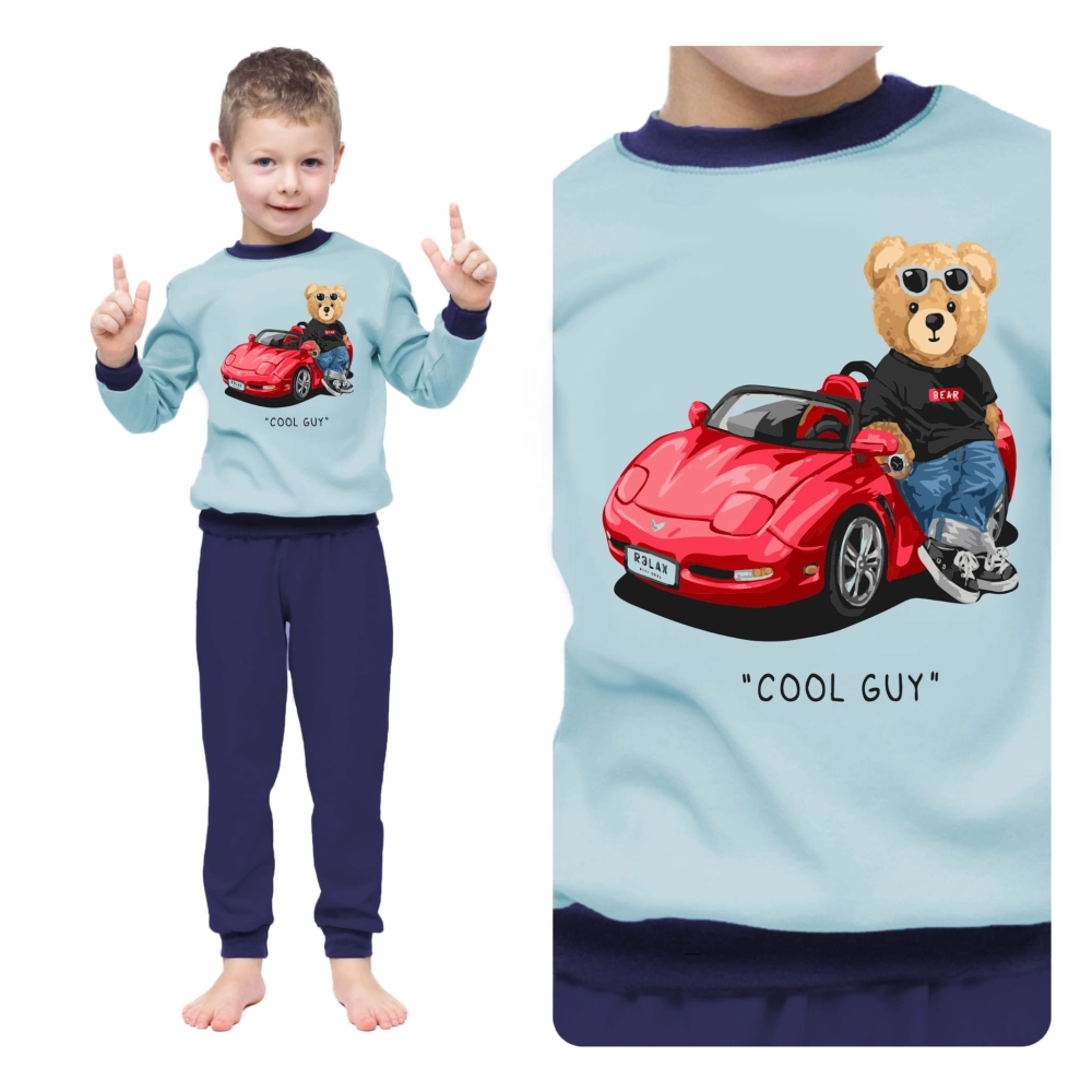 Ciepła piżama dla chłopca na długi rękaw miś z autkiem  92-122 