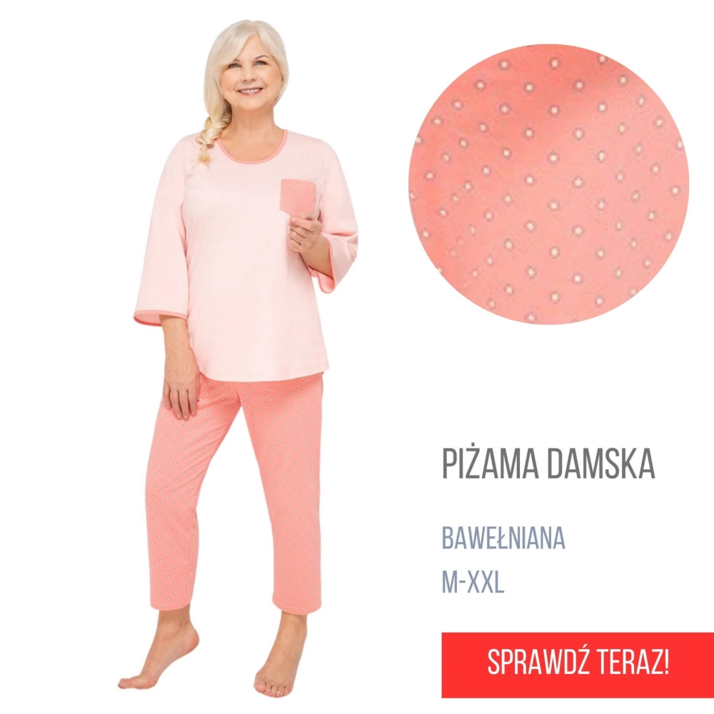 różowa kobieca piżama damska bawełniana wygodna długa długi rękaw wygodna elegancka dla babci seniorki martel m, l, xl,xxl.jpg