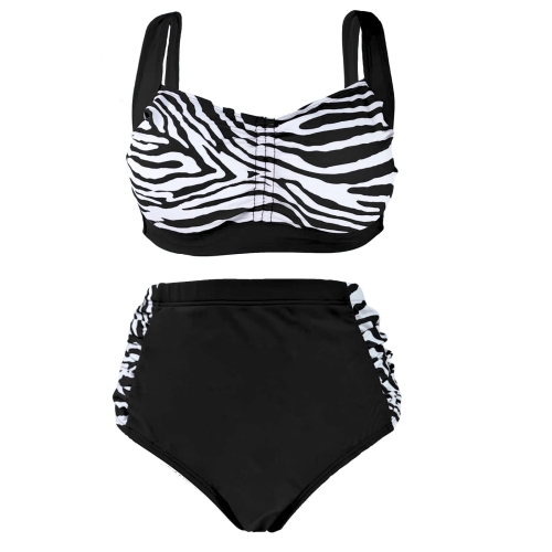 czarny kostium strój kąpielowy damski dwuczęściowy bikini z wysokim stanem wysoki stan zebra szerokie ramiączka.jpeg