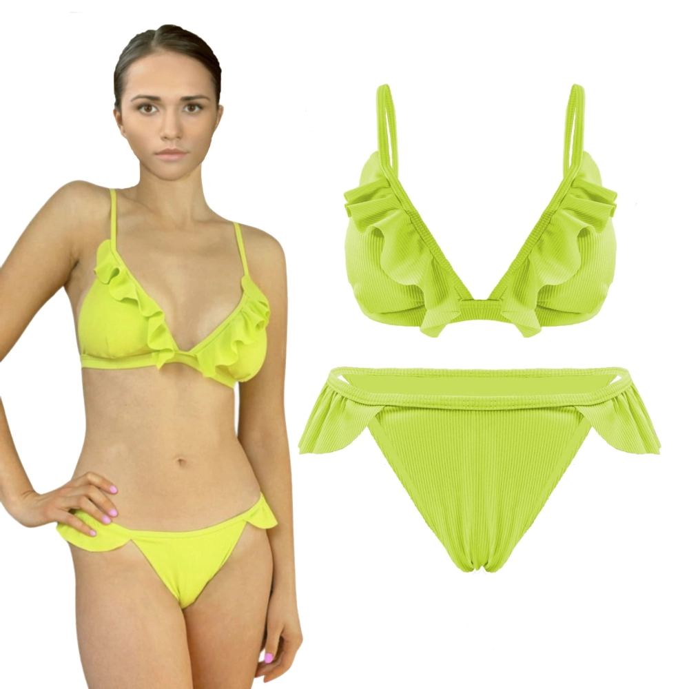zielony neonowy żółty strój kąpielowy damski dwuczęściowy damski bikini z falbankami prążkowany w prążek prążki.jpeg