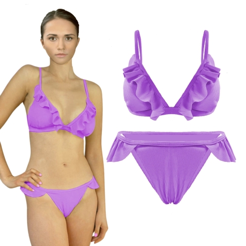 fioletowy damski strój kąpielowy dwuczęściowy komplet bikini sexy sexowny z falbankami prążkowany neonowy.jpeg
