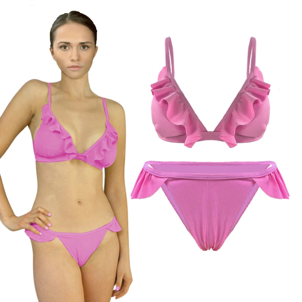 różowy damski strój kostium kąpielowy dwuczęściowy bikini z falbankami prążkowany.jpeg