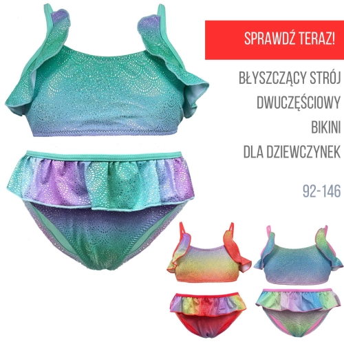błyszczący strój kąpielowy dwuczęściowy dla dziewczynki dziewczynek dziecięcy dziewczęcy bikini z falbankami syrenka brokatowy kostium.jpg