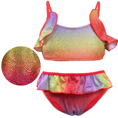 neonowy błyszczący styrój kąpielowy dla dziewczynki dwuczęściowy bikini kostium dziewczęcy falbanki modny uroczy na prezent.jpeg