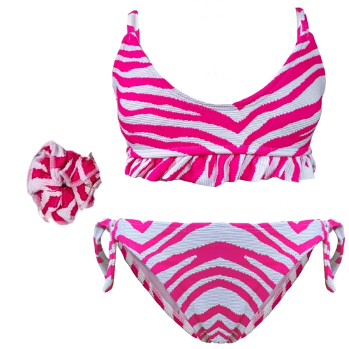 strój kąpielowy dwuczęściowy dla dziewczynki dziewczynek zebra biała różowa bikini wiązany z gumką.jpeg