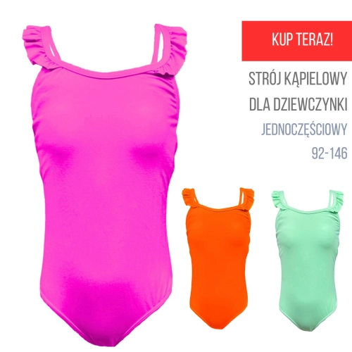 strój kąpielowy dla dziewczynki jednoczęściowy z falbankami neonowy różowy zielony pomarańczowy na basen plażę do pływania.jpg