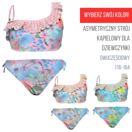 dziecięcy strój kąpielowy dwuczęściowy bikini komplet młodzieżowy dziewczęcy dla dziewczynki kostium asymetryczny w kwiatki wiązany.jpg