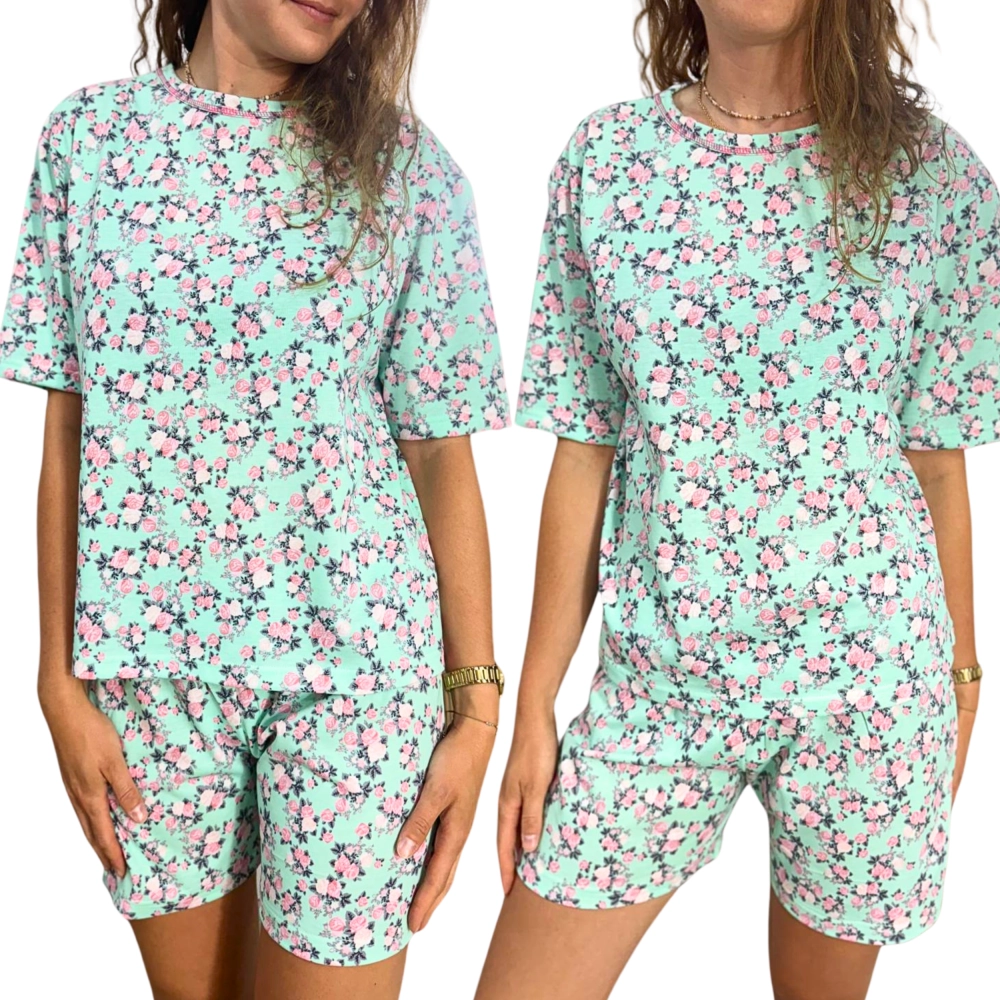 miętowa piżama damska na lato wzorzysta w różyczki