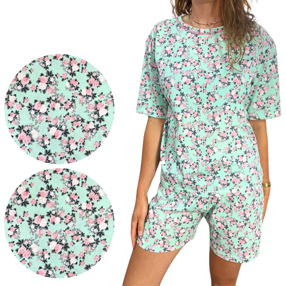 piżama damska krótka letnia w róże bawełniana krótki rękaw spodeni na lato elegancka.png