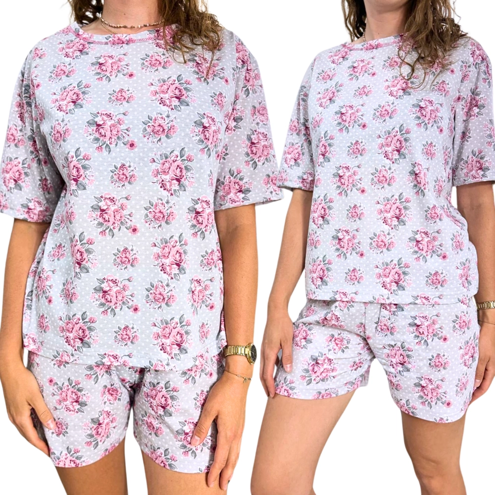 krótka piżama damska w różyczki, dłuższy rękawek