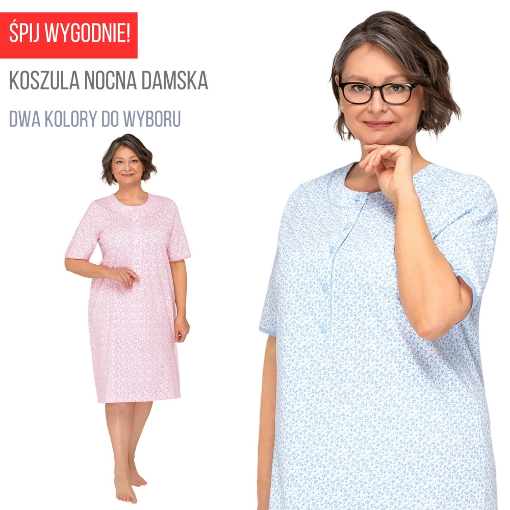 koszula nocna damska rozpinana niebieska różowa krótki rękaw.jpg