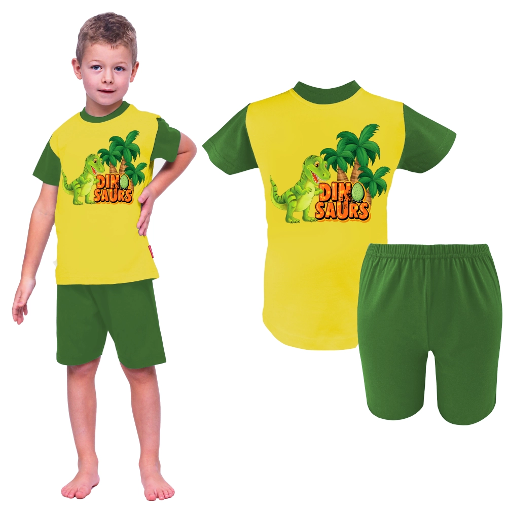 piżama chłopięca z dinozaurem bawełniana krótki rękaw krótkie spodenki