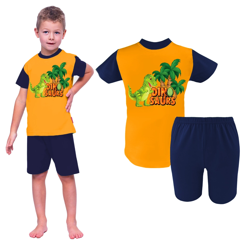 piżama bawełniana z dinozaurem dla chłopca krótki rękaw krótkie spodenki