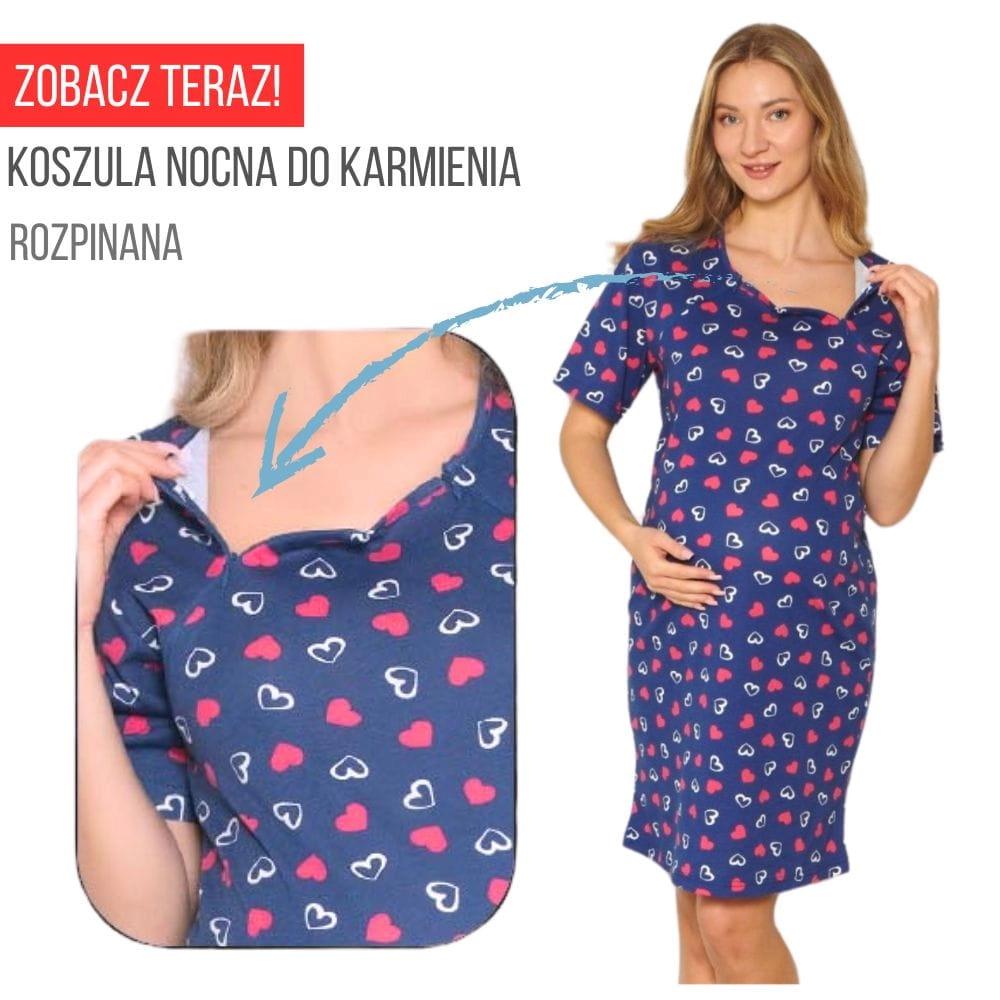koszula nocna damska porodowa do karmienia rozpinana bawełniana krótki rękaw