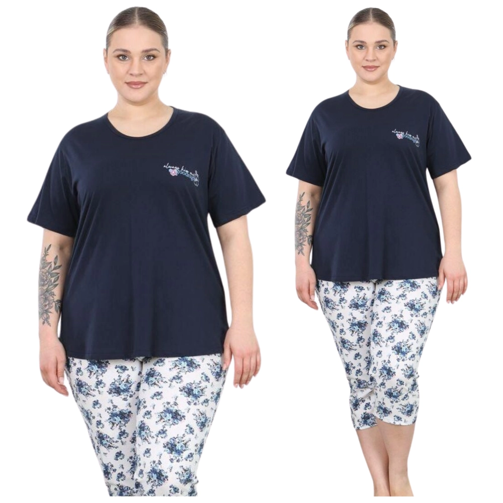 piżama damska bawełniana spodnie 3/4 krótki rękaw granatowa luźna plus size