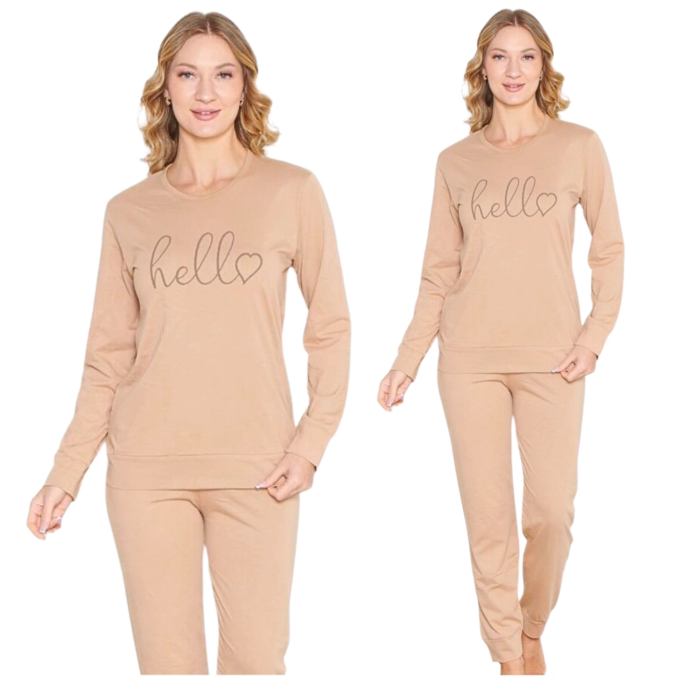 elegancka brązowa piżama damska długi rękaw bawełna