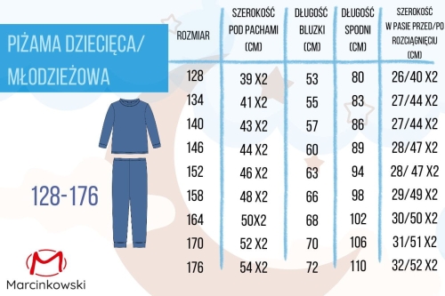 tabela rozmiarów piżama druk