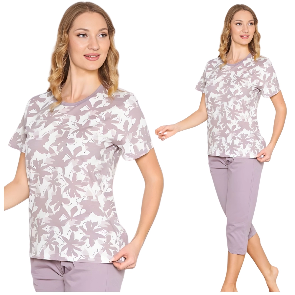 Bawełniana piżama damska 3/4 w kwiaty M-XXL