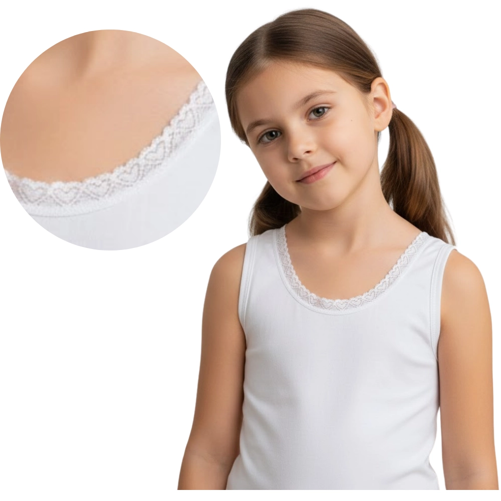 Biała podkoszulka dla dziewczynki na ramiączkach z koronką 116-164