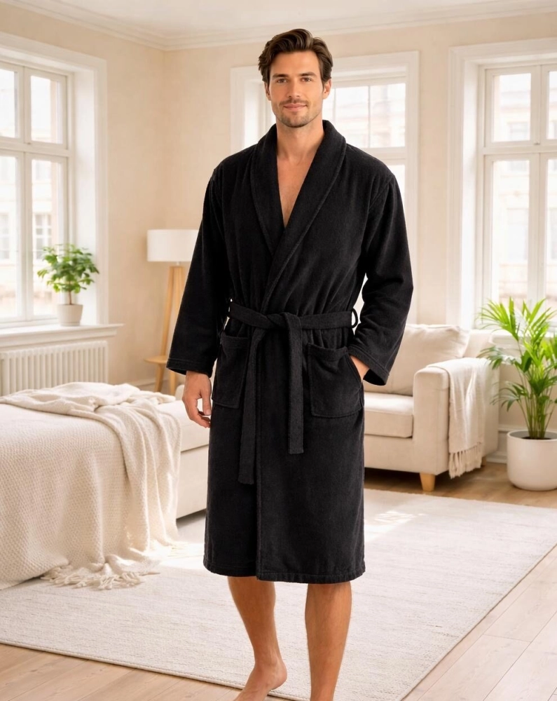 elegancki szlafrok męski bawełna frotte czarny
