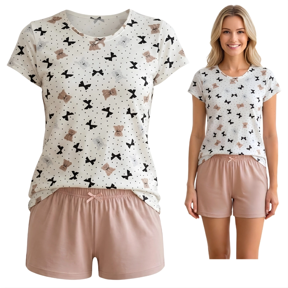 piżama damska letnia wiskoza beżowa w misie