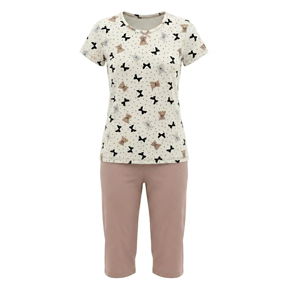piżama damska wiskoza krótki rękaw spodnie 3/4 beżowa