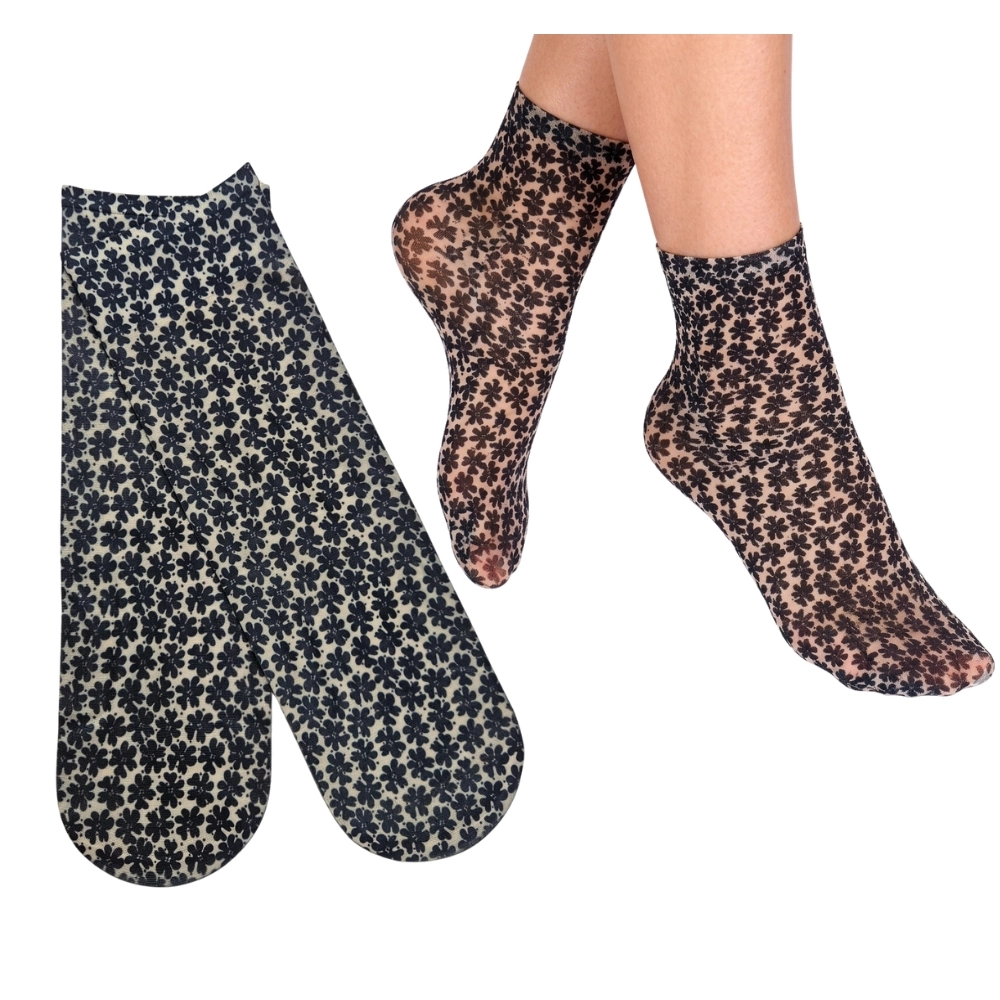 eleganckie modne skarpetki damskie cienkie w kwiaty czarne