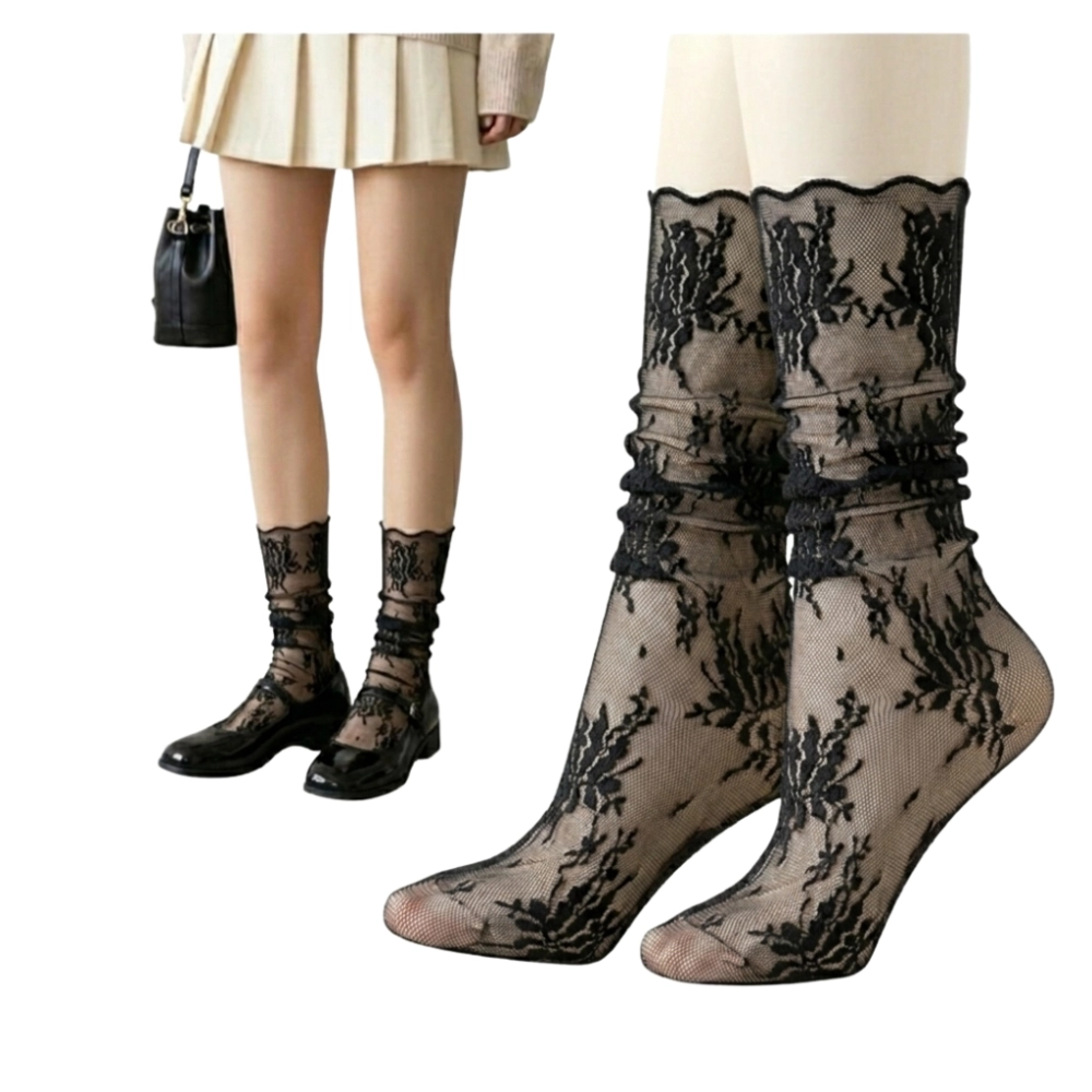 CZARNE CIENKIE ELEGANCKIE SIATECZKOWE SKARPETKI DAMSKIE LOLITA