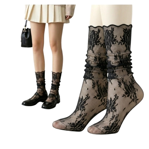 CZARNE CIENKIE ELEGANCKIE SIATECZKOWE SKARPETKI DAMSKIE LOLITA