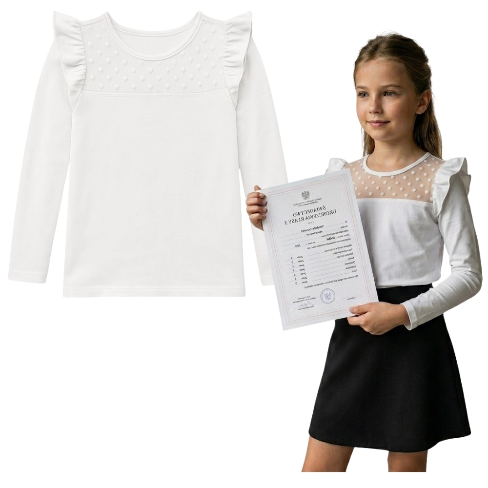 Elegancka biała bluzka dziewczęca długi rękaw 116-158
