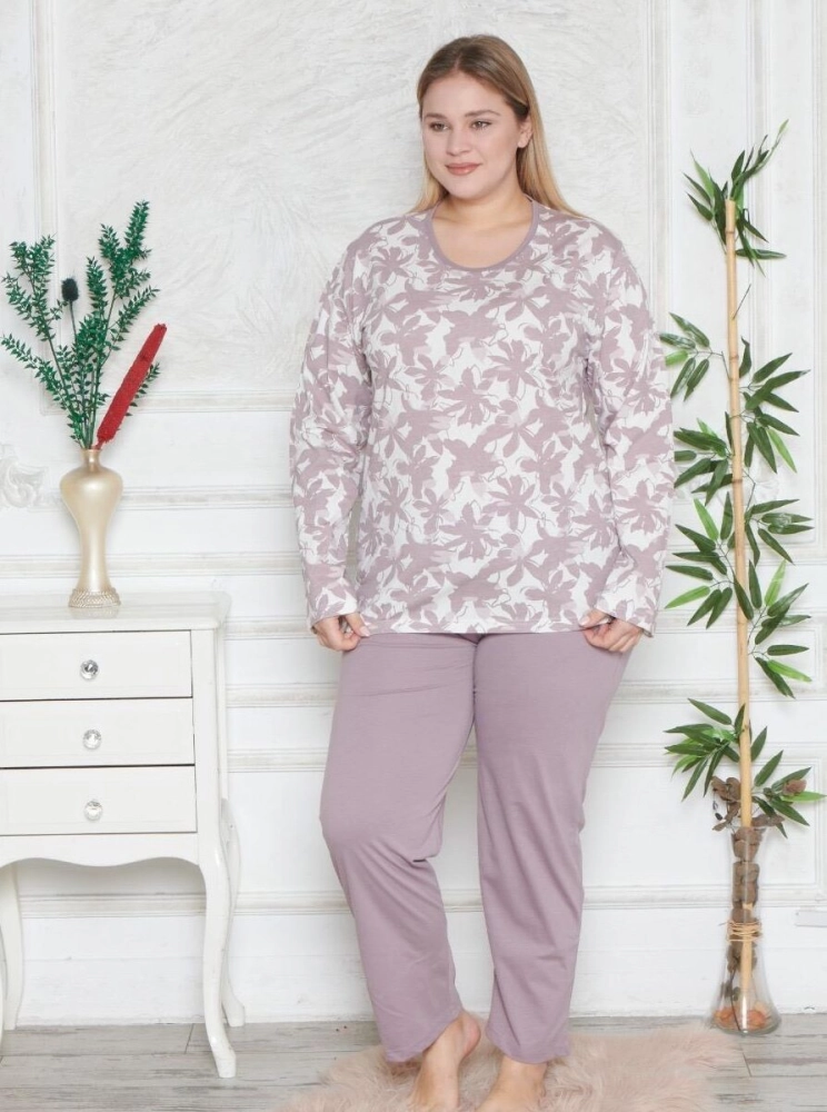 damska piżama długi rękaw długioe spodnie bawełniana wrzosowa w kwiaty luźna plus size